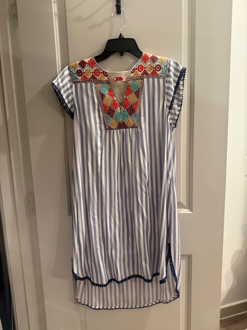 Blue & White Stripe Embroidered Tunic Dress